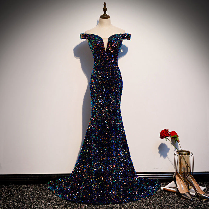 2025 supply one-word shoulder fishtail dress new heavy industry sequins temperament long host evening dress