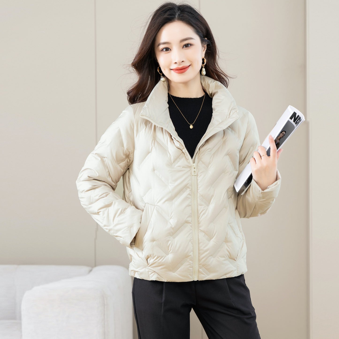 Down jacket women's light casual stand-up collar small short winter silhouette temperament white duck down thin cotton-padded coat