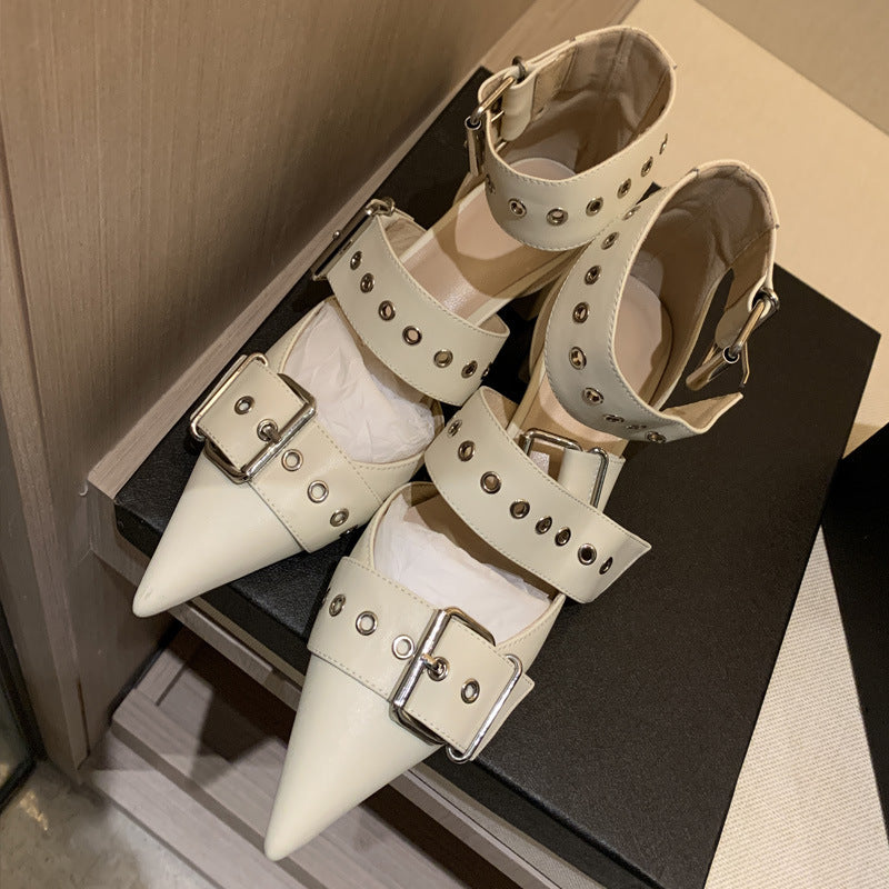 2025 Internet celebrity thick heel bag head sandals women's Roman straps shoes middle heel one word with rivets pointed shoes hollow single shoes