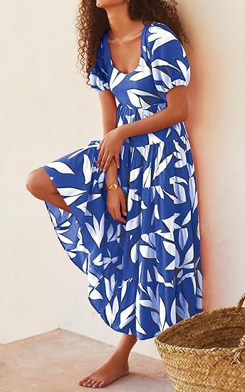 ZllKl European and American Foreign Trade Cross-Border Women's Clothing Bubble Sleeve Pleated Backless Print Layered Short Sleeve Dress