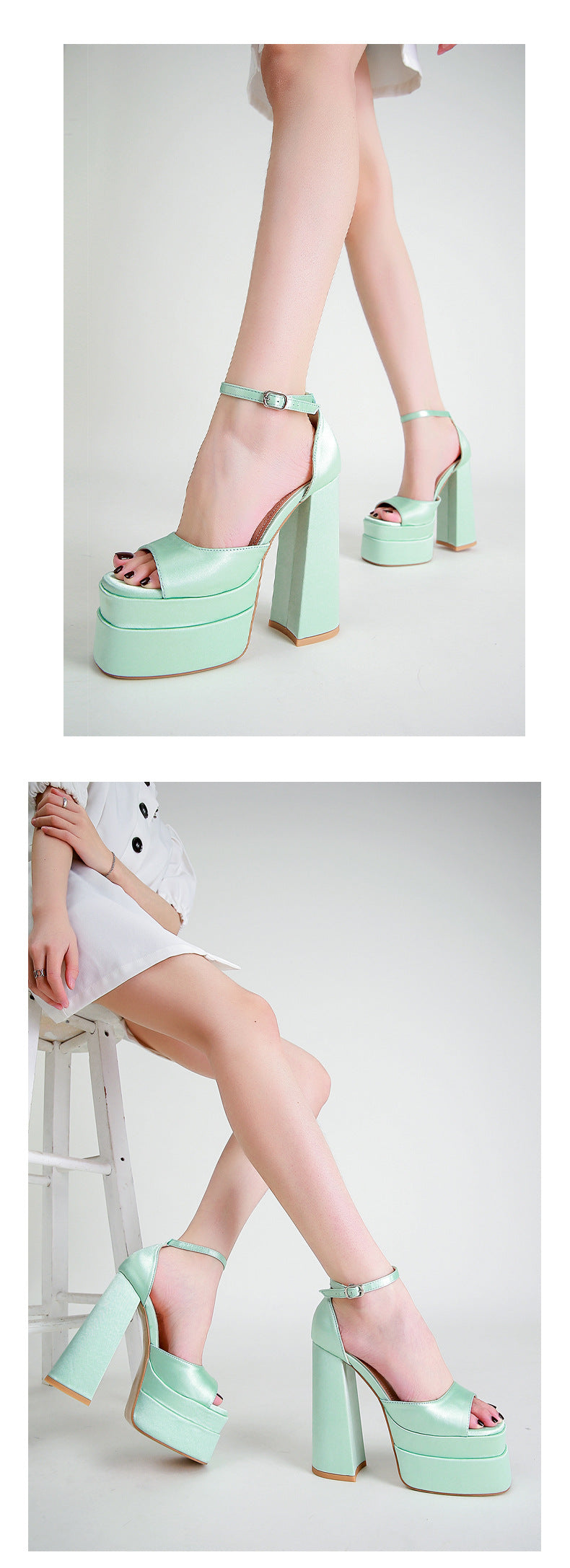 ZllKl 2022 Summer New Square Toe Hollow Chunky Heel Satin High Heel Peep Toe Women's Shoes High Heel Platform Shoes plus Size Catwalk Sandals Fashion