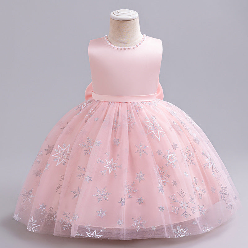 ZllKl Ice and Snow Mesh Princess Dress Neckline Pearl Birthday Dress Little Flower Girl Bow Girl Pettiskirt Dress