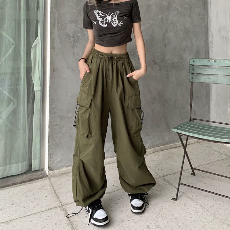 ZllKl Nylon Quick-Drying Overalls Women's Summer New American Parachute Pants High Waist Wide Leg Leisure Drawstring Sports Pants