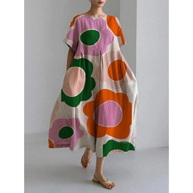 ZllKl Cross-Border Summer New European and American Women's Clothing Loose round Neck Fashion Advanced Short Sleeve Printing Dress