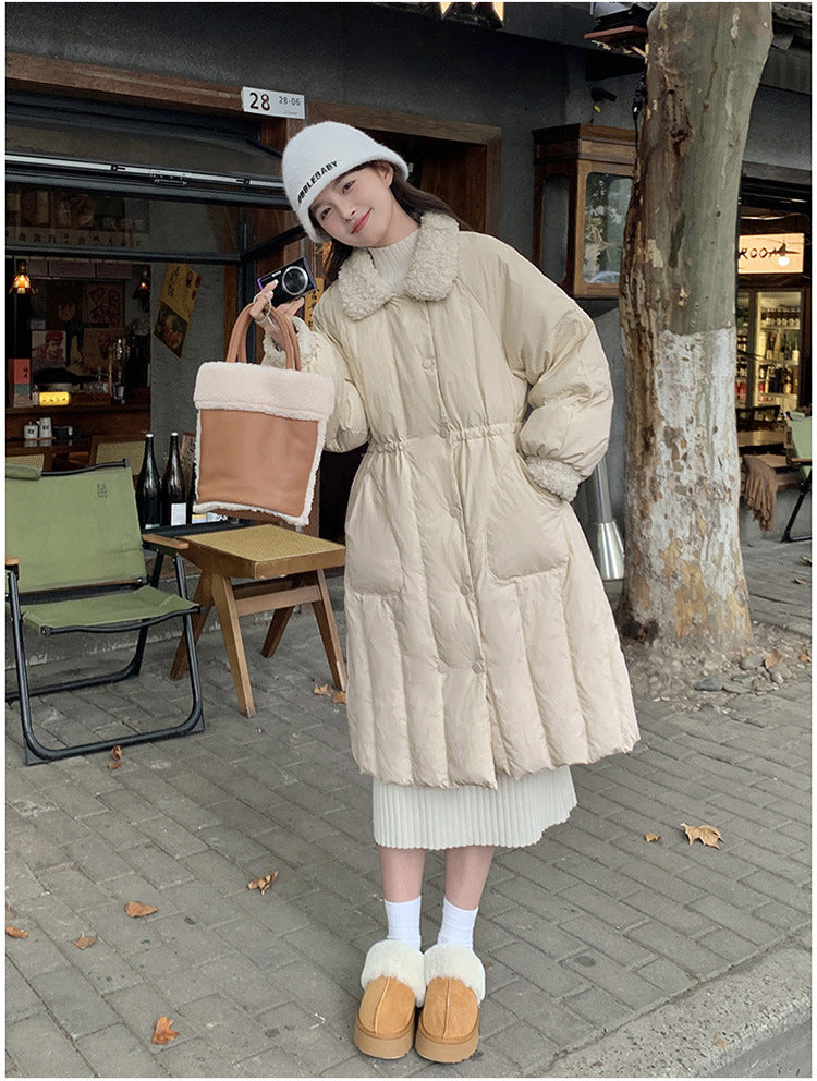2023 winter new medium and long single-breasted waist lamb wool down jacket, solid color down jacket for women