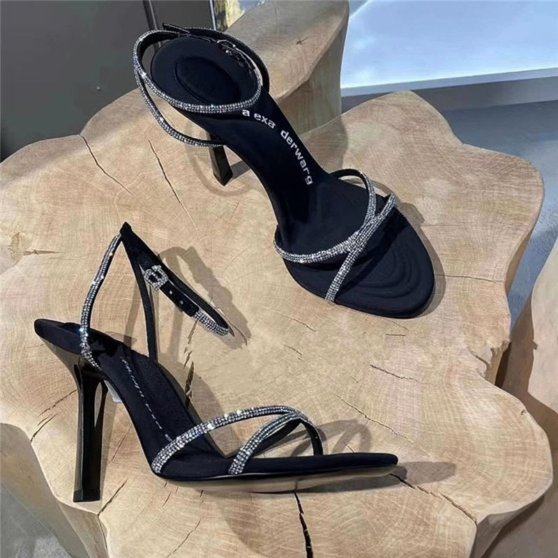 ZllKl Spring and Summer New Rhinestone Letters Fairy High Heels Sexy Open Toe Roman Shoes Ankle-Strap Stilettos Sandals for Women
