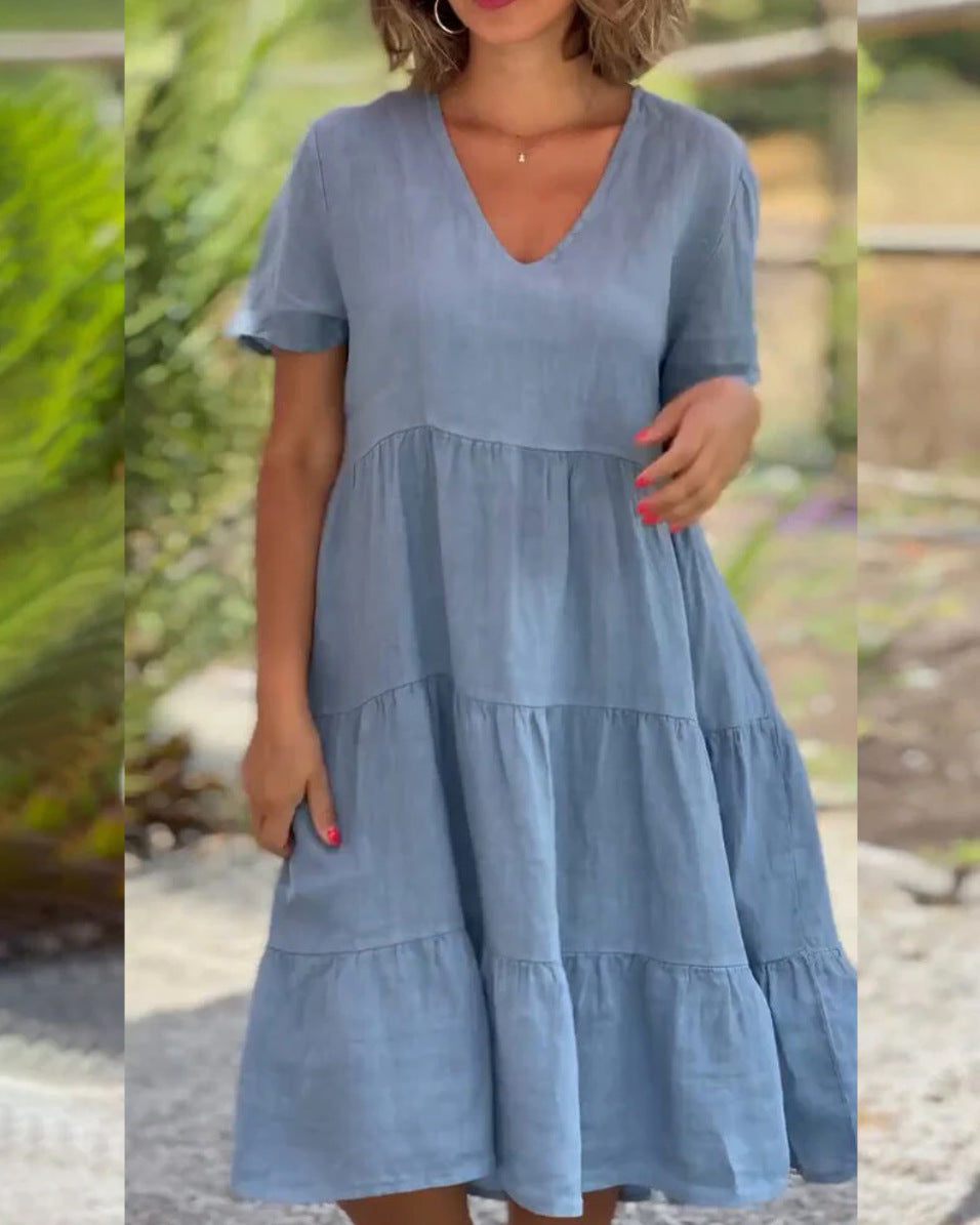 ZllKl European American Summer New Women's Clothing Fresh Sweet V-neck Solid Color Wide Hem Casual Skirt Dress