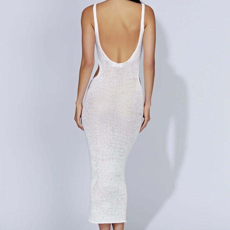 Zllk Cross-Border Ins Style Sexy Vacation Long Dress Sleeveless Sling Waist Hollow-out Side Slit Backless Knitted Dress Women