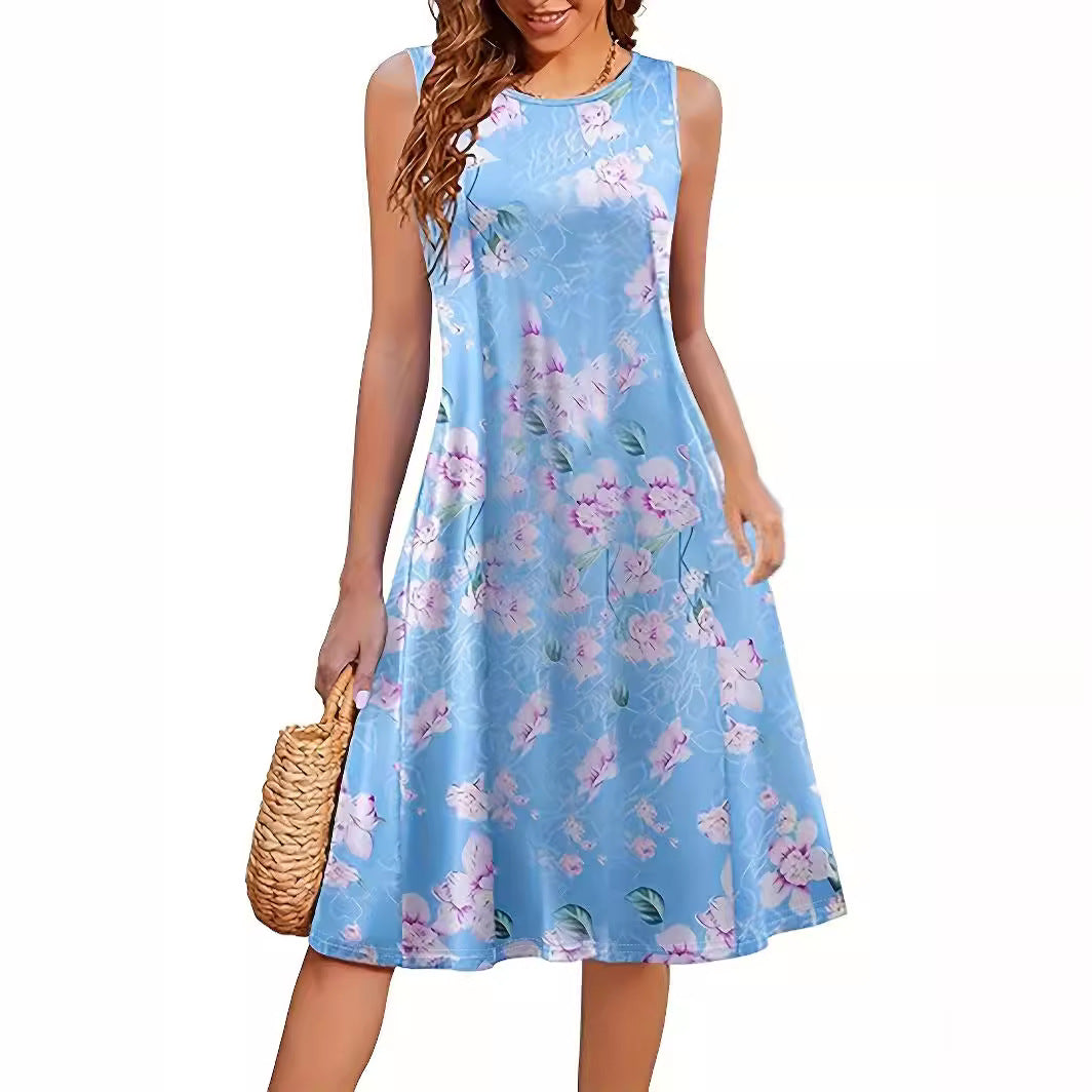 ZllKl Cross-Border Popular European and American Popular Elegant Multicolor Dinosaur Printed Vest Digital Printed round Neck Female Dress
