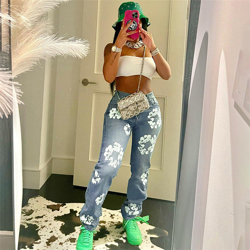 European and American Style 2025 Hot Trade New Autumn and Winter Trendy Street Style Printed High Waist Casual Straight-Leg Jeans for Women