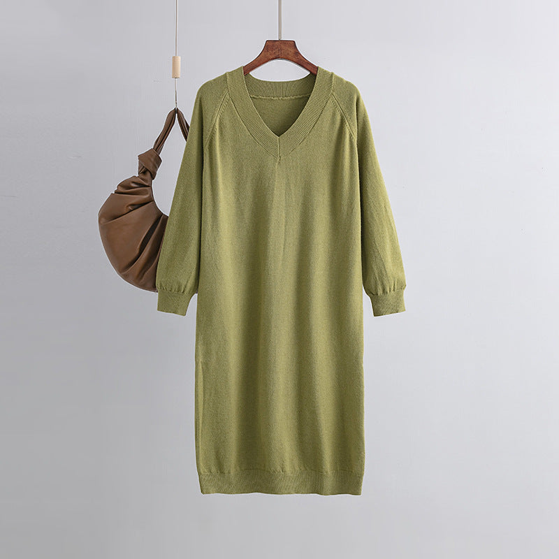 ZllKl V-neck large-size knitted dress for thin women in autumn and winter, casual and loose to cover their stomachs