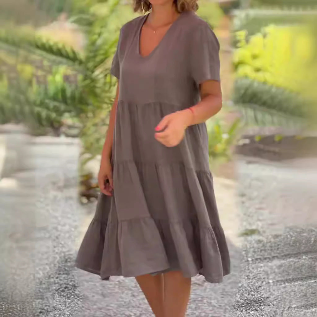 ZllKl European American Summer New Women's Clothing Fresh Sweet V-neck Solid Color Wide Hem Casual Skirt Dress