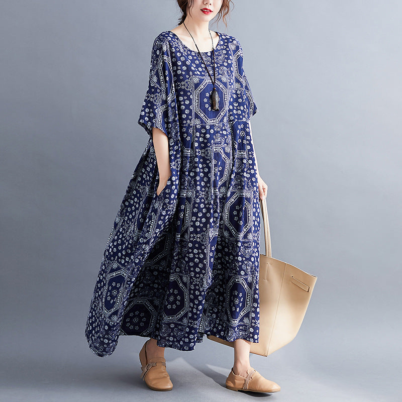Zllk Cross-Border Women's Clothing Artistic Retro Cotton and Linen plus Size Dress Loose plus-Sized Large Swing Short Sleeve Printed Lightweight Dress