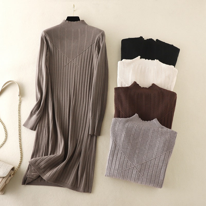 ZllKl New autumn and winter new slim-fitting and thin base medium and long semi-turtleneck sweater skirt with knitted dress inside