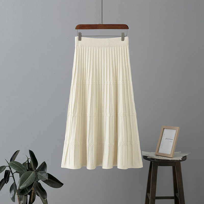 ZllKl Wool knitted skirt women's medium and long thickened autumn and winter new high-waisted and thin a-word pleated skirt big swing umbrella skirt