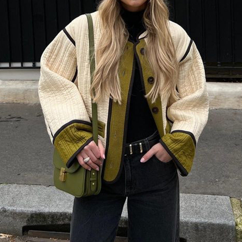 Cross-border 2023 autumn and winter retro printed cotton jacket European and American temperament commuter round neck long sleeve color matching women's cotton-padded clothes