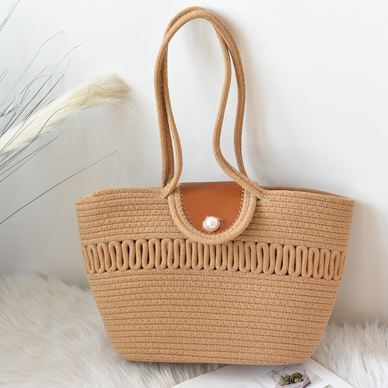 ZllKl Large Capacity Women's Shoulder Bag Crossbody Hand-Held Tote Straw Woven Woven Bag Pearl Cotton Underarm Pleated Cloud Design
