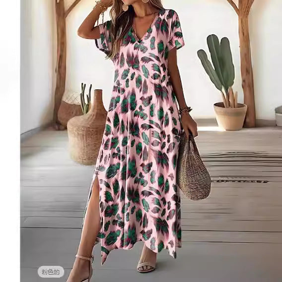 Zllk Women's Casual Dress Summer Digital Printing Split V-neck Street Style Short Sleeve Regular Dress