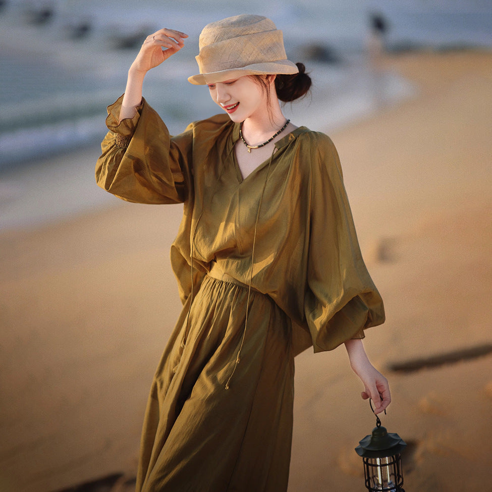 2025 New clothes women's summer suit, lantern sleeve top A-shaped skirt skirt B0727 Tencel two-piece suit women
