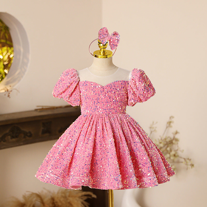 ZllKl Blue Sequined Children's Dress Girl Princess Dress Birthday Full-Year Baby Girl Catwalk Host Piano Performance Wear