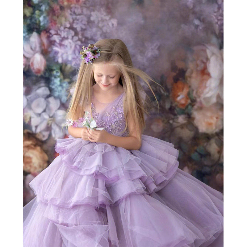 ZllKl Children's Dress Princess Dress Spring Girl Purple Costume for Piano Performance Host Temperament Catwalk Evening Dress