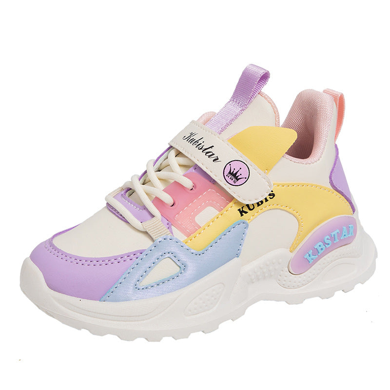 ZllKl Girls' Autumn New Colorblock Sneakers Velcro Toddler and Children Elementary School Running Shoes Pumps Mesh Breathable