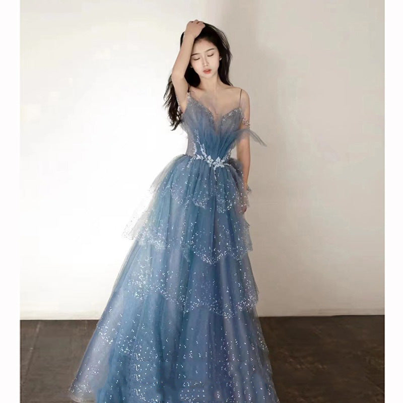 2025 Blue fugitive princess art exam evening dress dress for women 2025 new light luxury host niche bar mitzvah dress