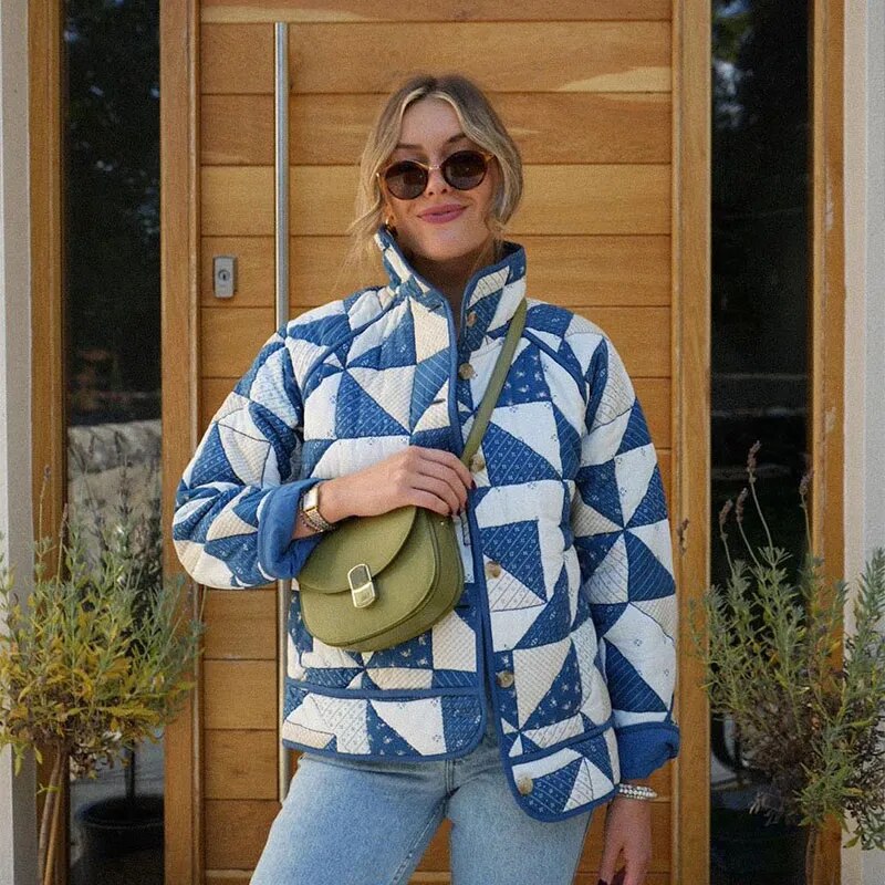 autumn and winter explosion cross-border high-necked fashion rhombus printing women's cotton-padded jacket 085