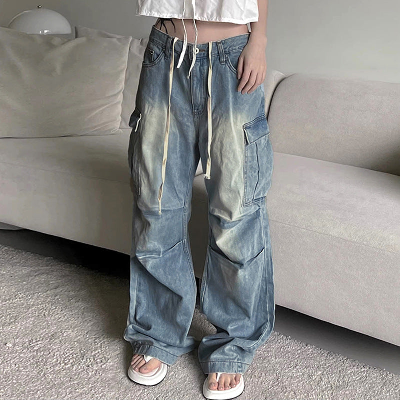 2025 Street Washed White Side Multi-Pocket Wide-Leg Jeans Women's Low Waist Loose Slimming Pleated Trousers Spring