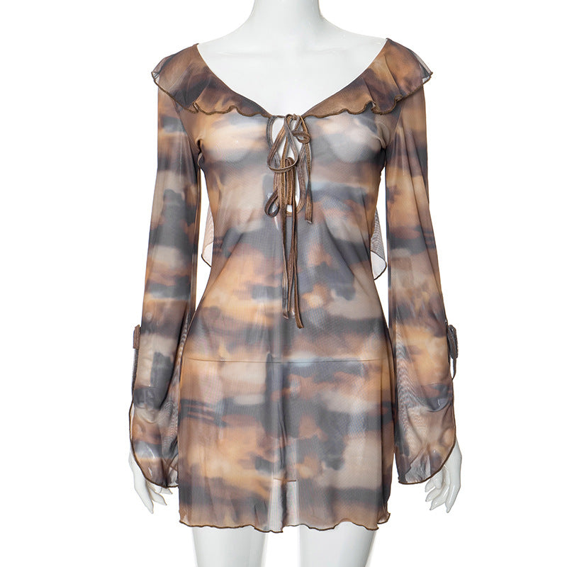 2025 M24DS175 women's clothing summer new sexy printed mesh see-through long-sleeved straps backless short dress