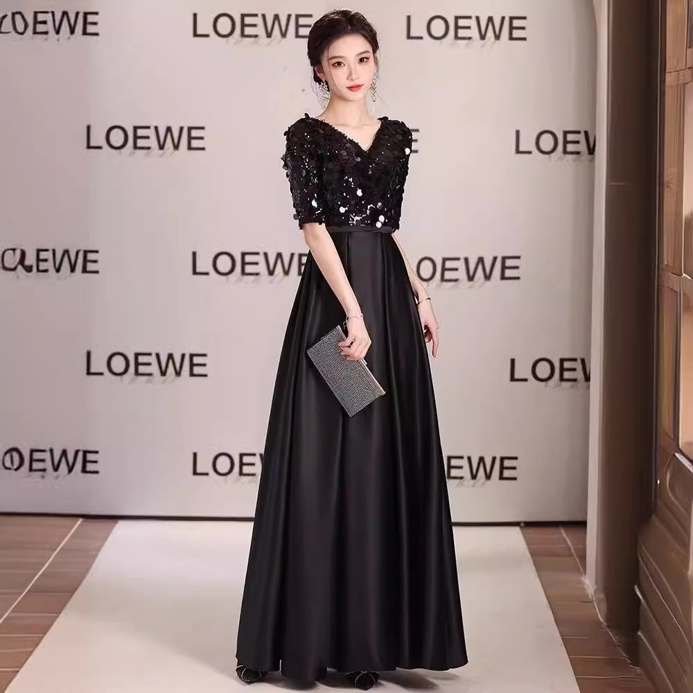 2025 Black V-neck long evening dress skirt 2025 new annual meeting catwalk art examination choir piano performance clothes wholesale