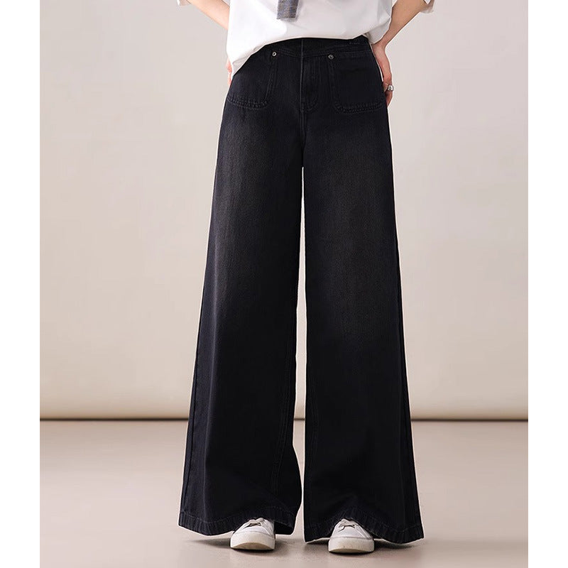 2025 Cotton retro wide-leg casual jeans, black loose high-waisted trousers spring and autumn new women's pants