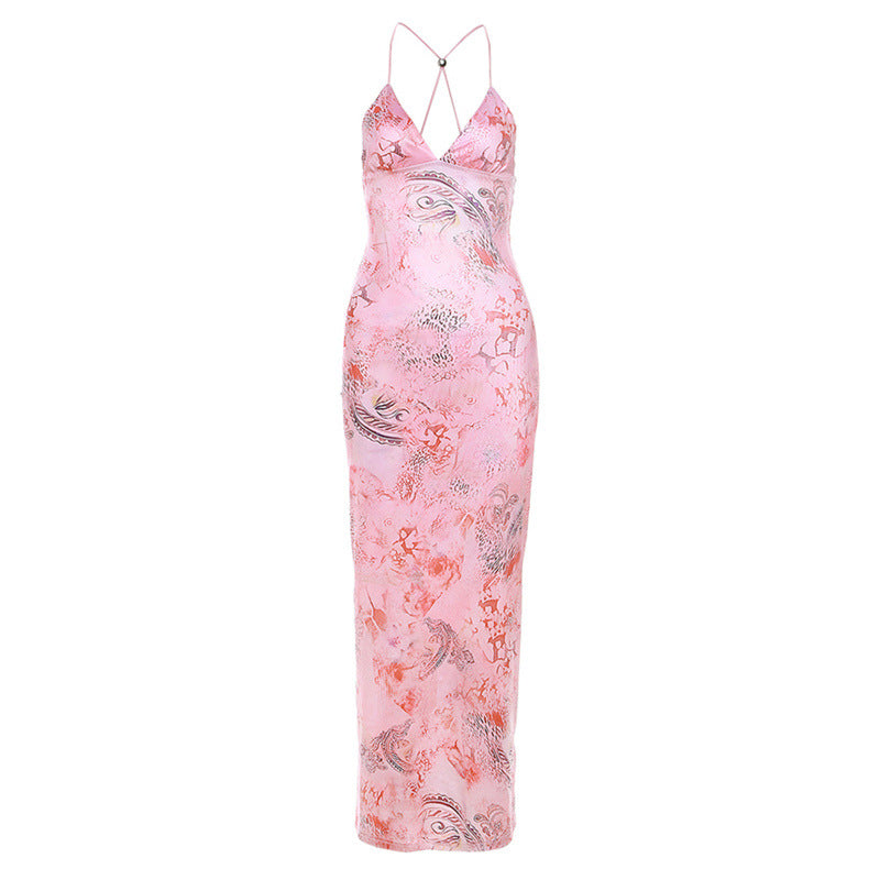ZllKl Cross Border Summer Fashion Trends Women's New Halter Backless Slim-Fit Printed Sheath Dress