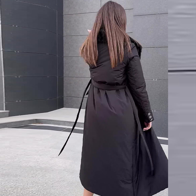 winter new European and American cross-border fashion solid color fluffy lapel tie waist long cotton clothes women