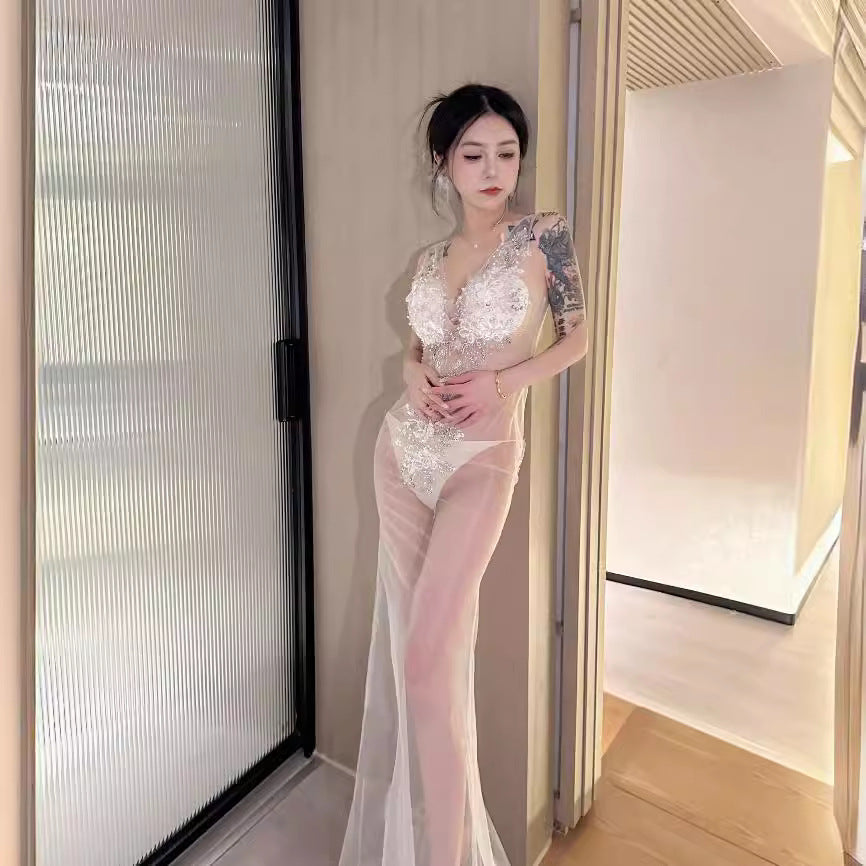 2025 Nightclub fun sexy perspective long dress embroidered pearl hip dress night tooling sauna technician clothes