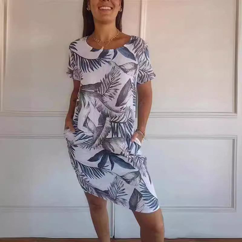 ZllKl Wish Independent Station Women's round Neck Loose Short Sleeves Printed Dress Women's Pocket Skirt