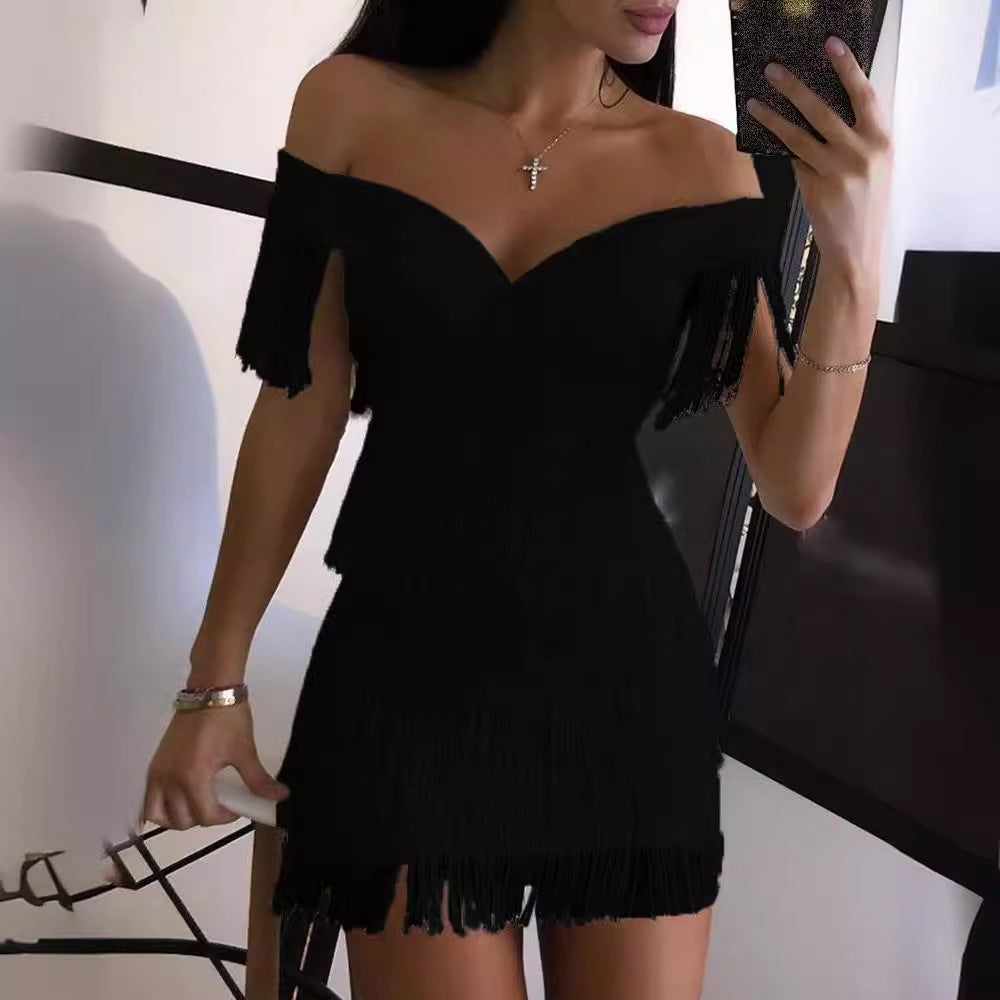 Zllk In Stock European and American Foreign Trade Fashion Tight Dress Wish New off-Shoulder Tassel Tight