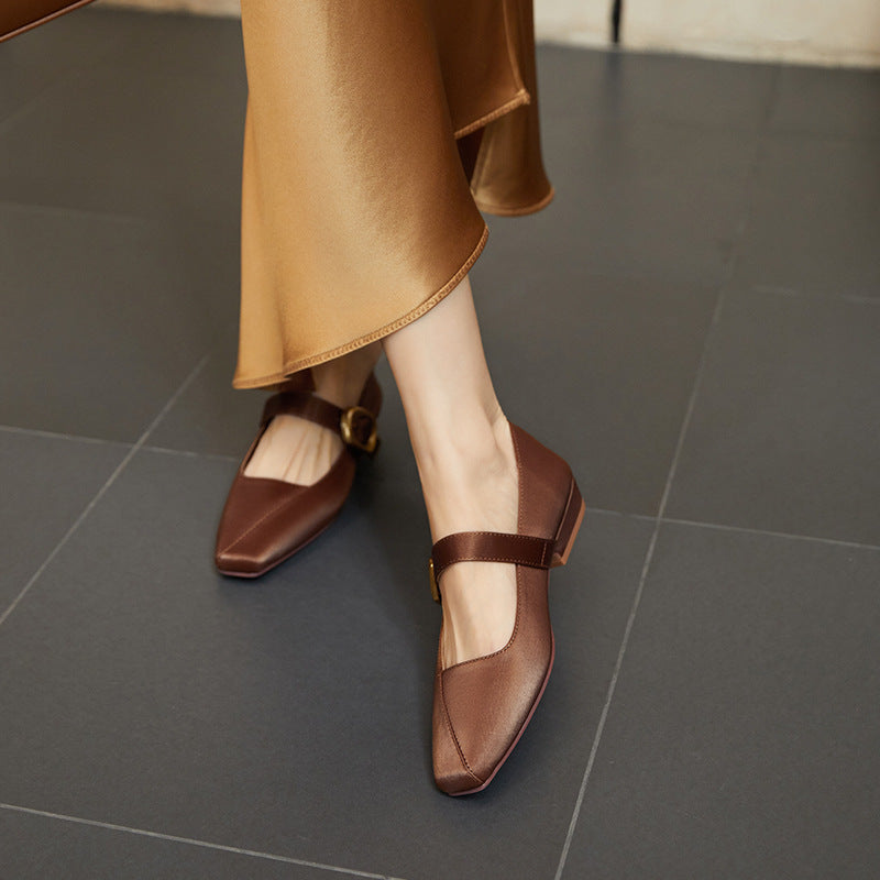 2025 Quiet luxury style silk square head single shoes women's low thick heel new comfortable commuting temperament women's shoes