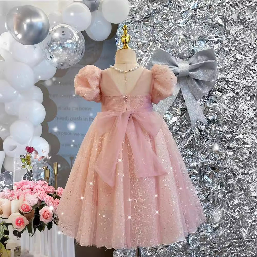 ZllKl Children's Dress New High-End Western Style Girl Bubble Sleeve Princess Dress Heavy Embroidery Sequins Birthday Performance Dress Summer