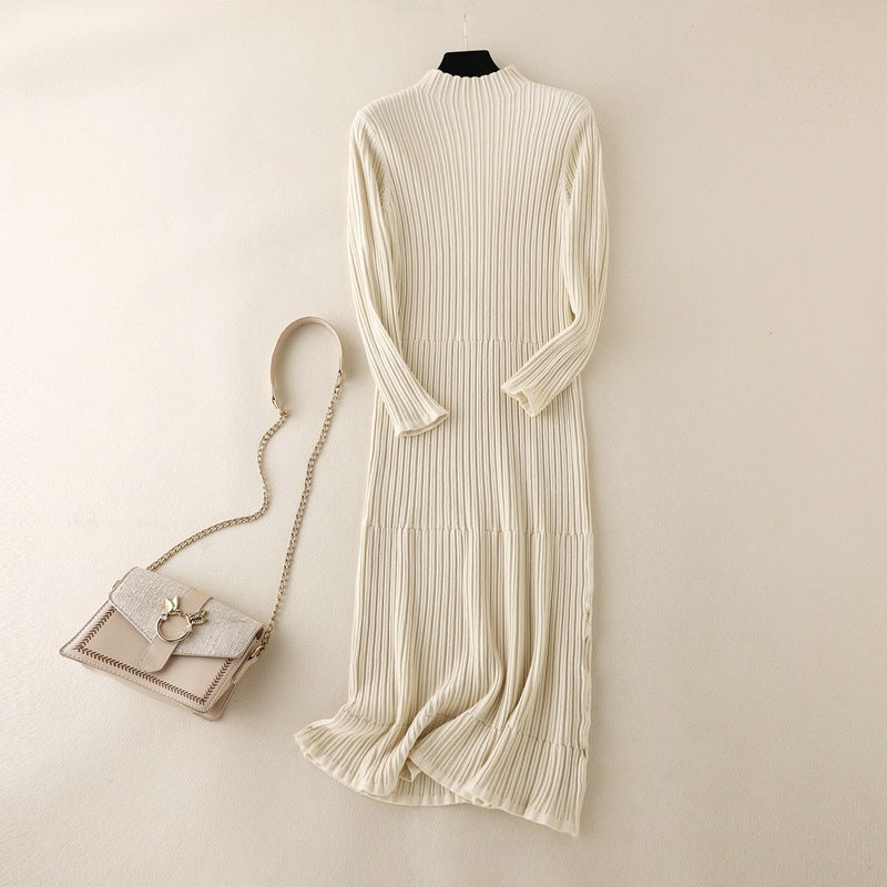 ZllKl women's clothing, knee-length dress New autumn and winter new women's semi-turtleneck striped knitted primer dress slim fit