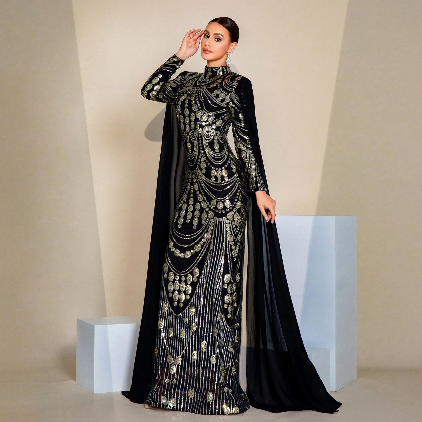 r 2025 high-end temperament sexy long sequins long sleeves crew neck banquet evening dress bridesmaid dress women