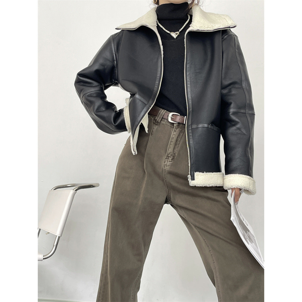 Mengzixi, Yang Mi, Liu Yun, the same motorcycle suit, lamb wool fleece leather jacket, women's autumn and winter jacket X1683