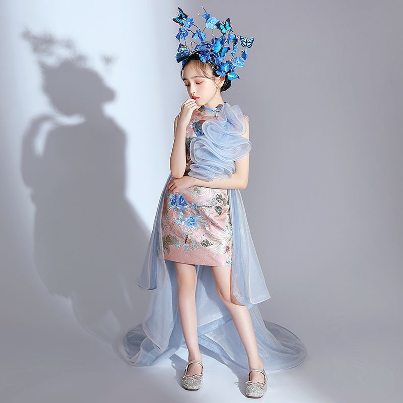 ZllKl National Fashion Girls Catwalk Dress Exaggerated Chinese Style Children's Model T Stage Fashion Costume Domineering Trendy Clothes Trailing