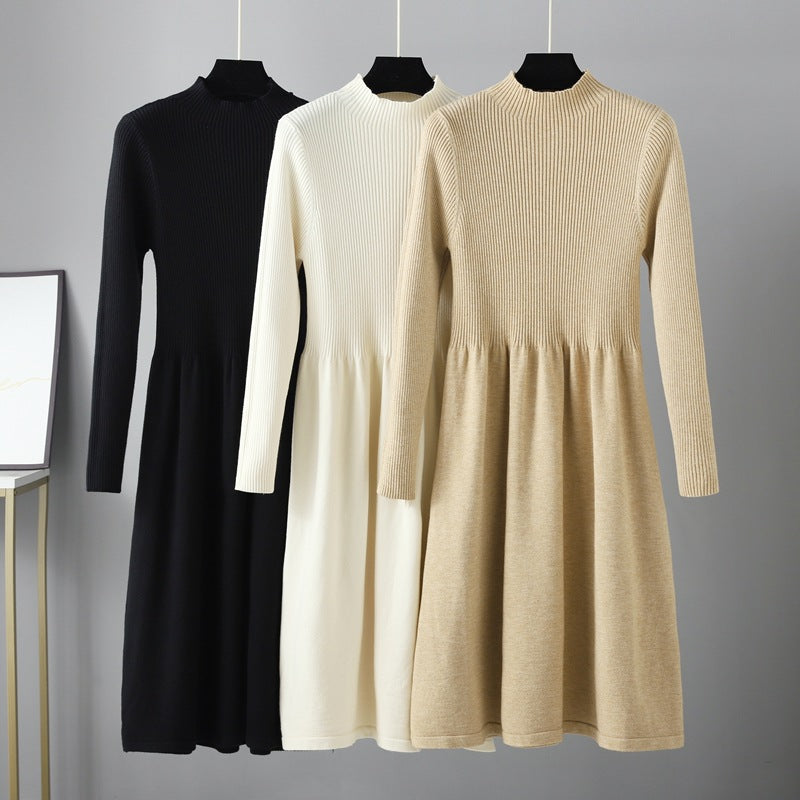 ZllKl Semi-turtleneck knitted dress New autumn and winter new long-sleeved waist bottom slim black sweater skirt women
