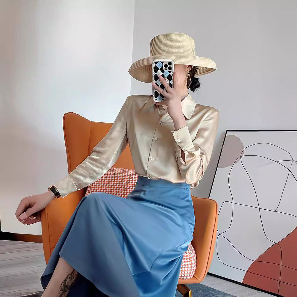 Silk shirt women's popular spring new solid color glossy pointed neck long-sleeved mulberry silk shirt