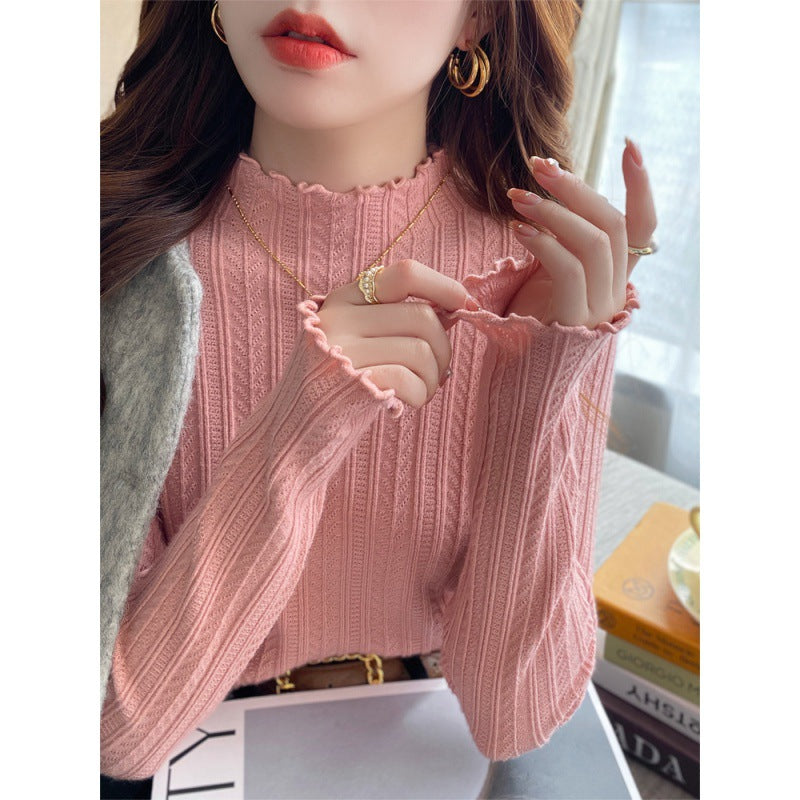 White bottoming shirt women's autumn and winter wear 2025 new semi-turtleneck fungus edge knitted sweater medium neck long-sleeved sweater