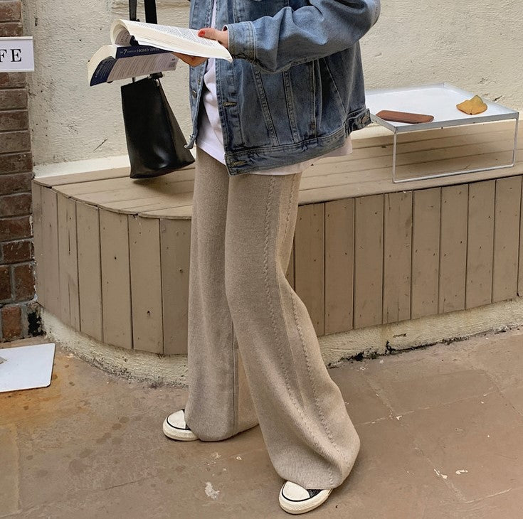 ZllKl Women's Twist-Covering Knitted Wide-Leg Pants Autumn and Winter High Waist Drooping Wool Mop Pants Lengthened Outer Wear Casual Straight Pants