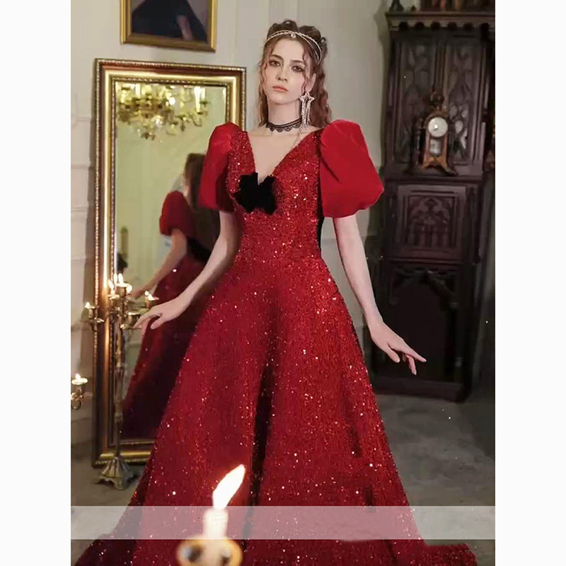 2025 Bridal Toast Clothing 2025 Autumn Red Sequins Noble Princess Dress on the Run Light Luxury Return Engagement Dress