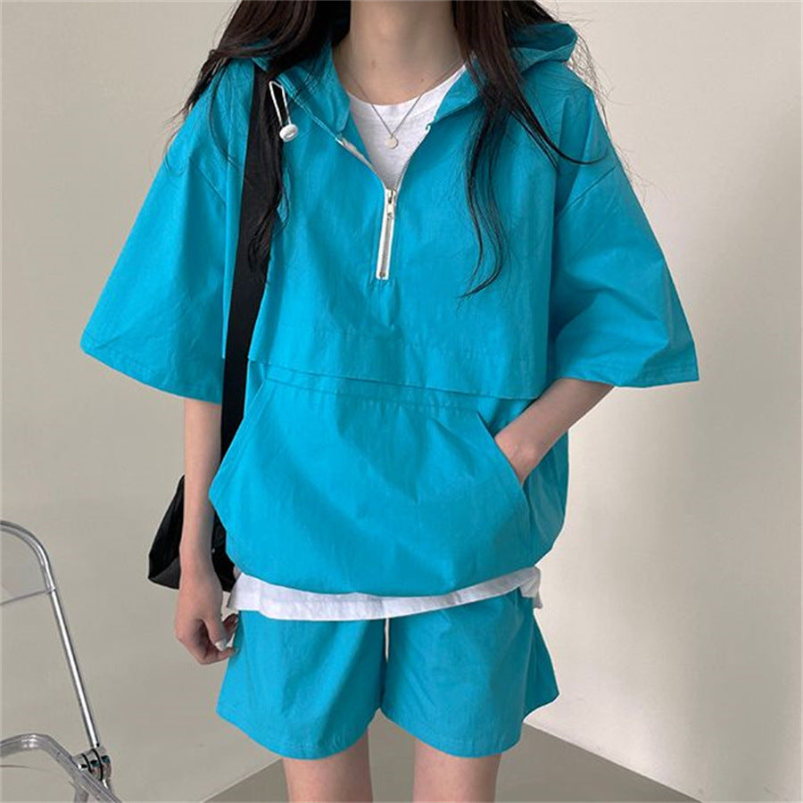 ZLLKL 2025 Korean version of solid color fashion casual short-sleeved suit women's summer new fashion loose hooded sportswear versatile