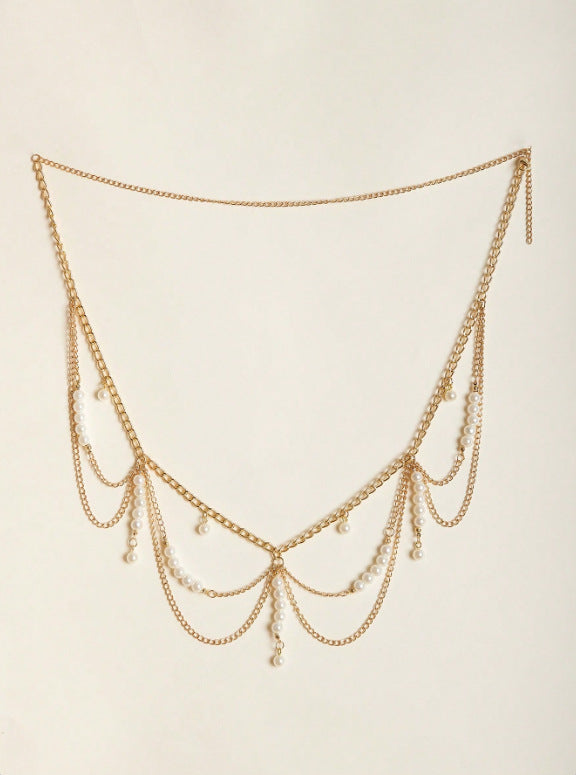 3468 2025 hot-selling metal chain splicing pearl waist chain multi-wave fringed chain fashionable personalized waist chain waist jewelry